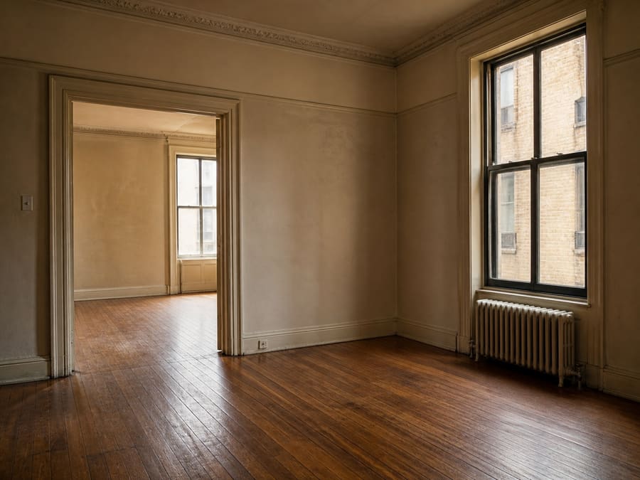 A prewar Manhattan apartment interior with a wood strip floor