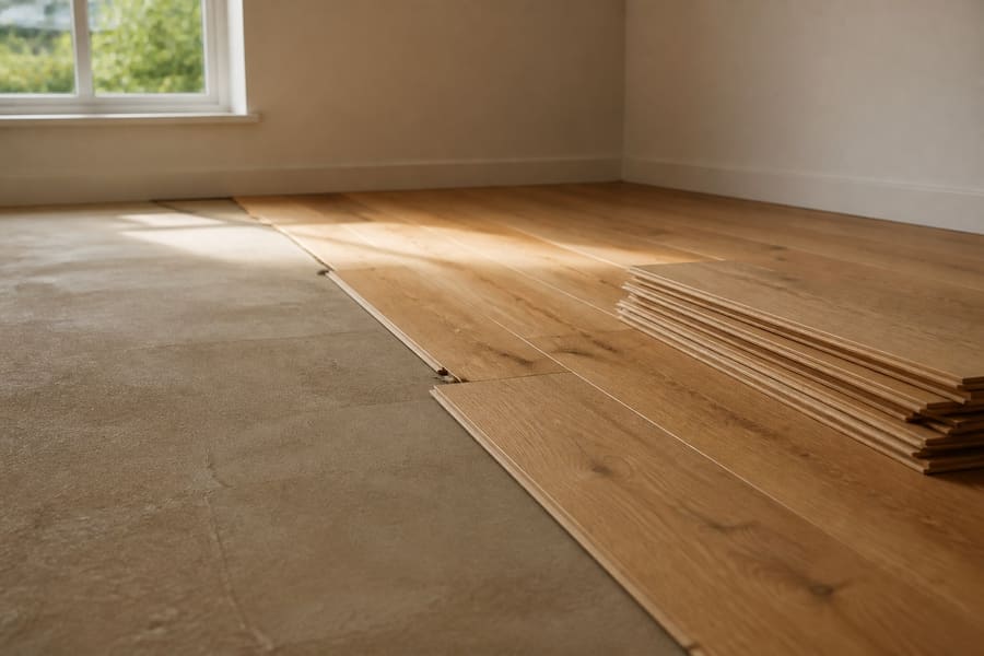 New oak boards being laid across a subfloor in an empty room