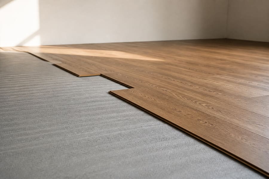Laminate planks being clicked together over underlay