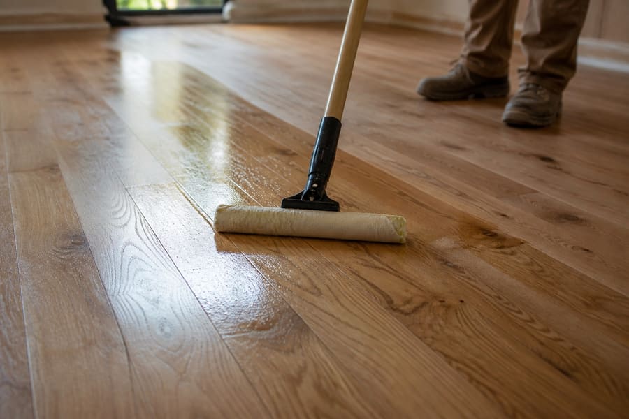 A finish coat being rolled evenly across a prepared wood floor