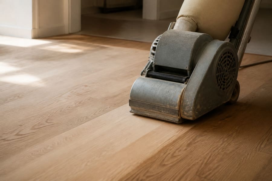 A sanding machine part way across a bare oak floor, the sanded half visibly lighter