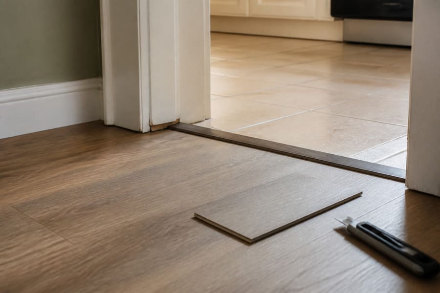 Luxury vinyl plank being fitted around a kitchen doorway