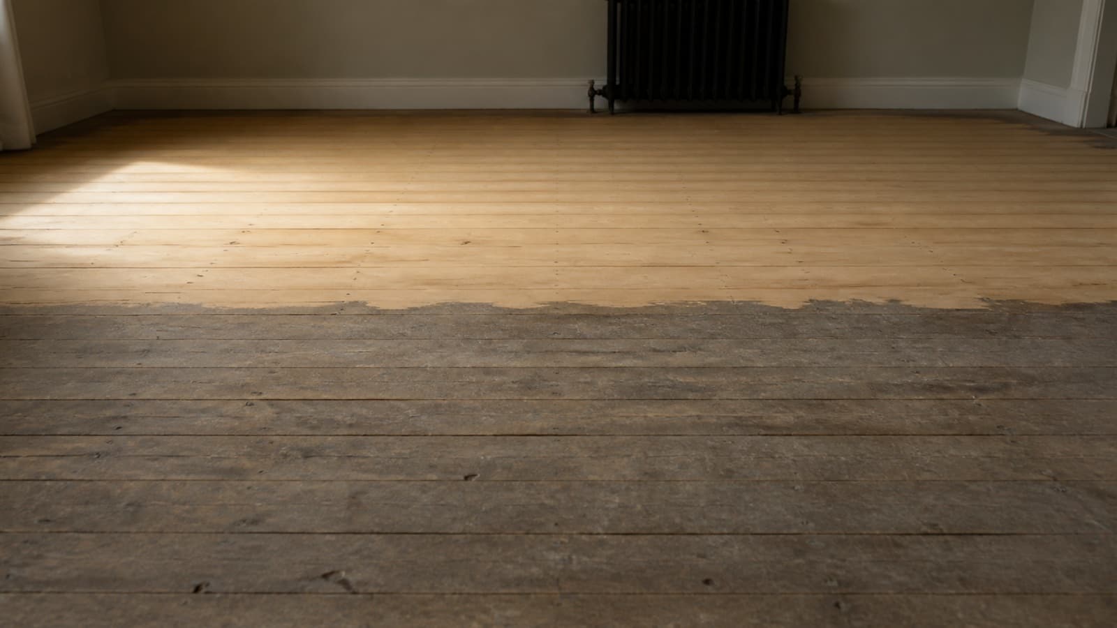A part sanded wood floor with the worn section still visible beside the bare wood