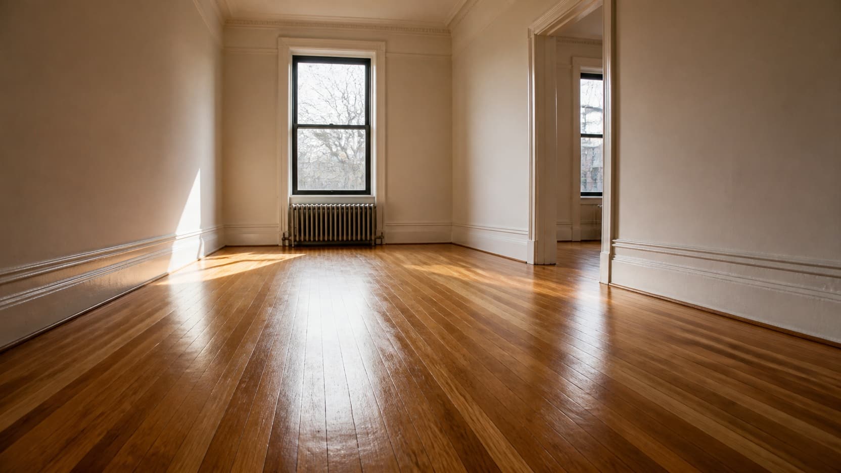 Refinished oak strip flooring running the length of a sunlit New York apartment