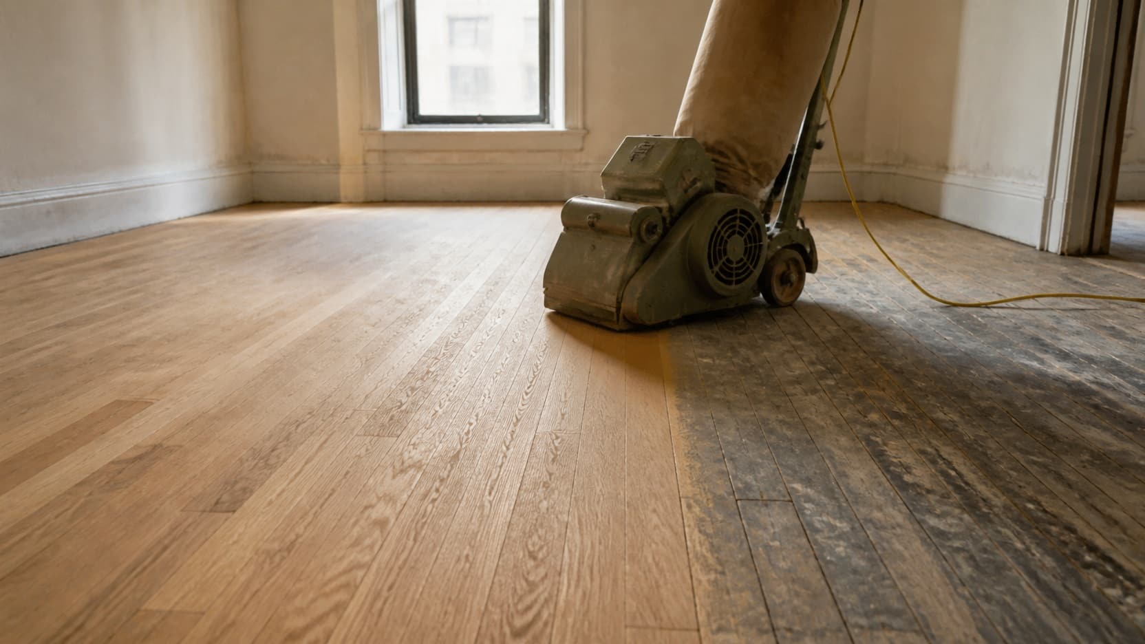 A sanding machine part way across an oak floor, the sanded half pale against the worn half