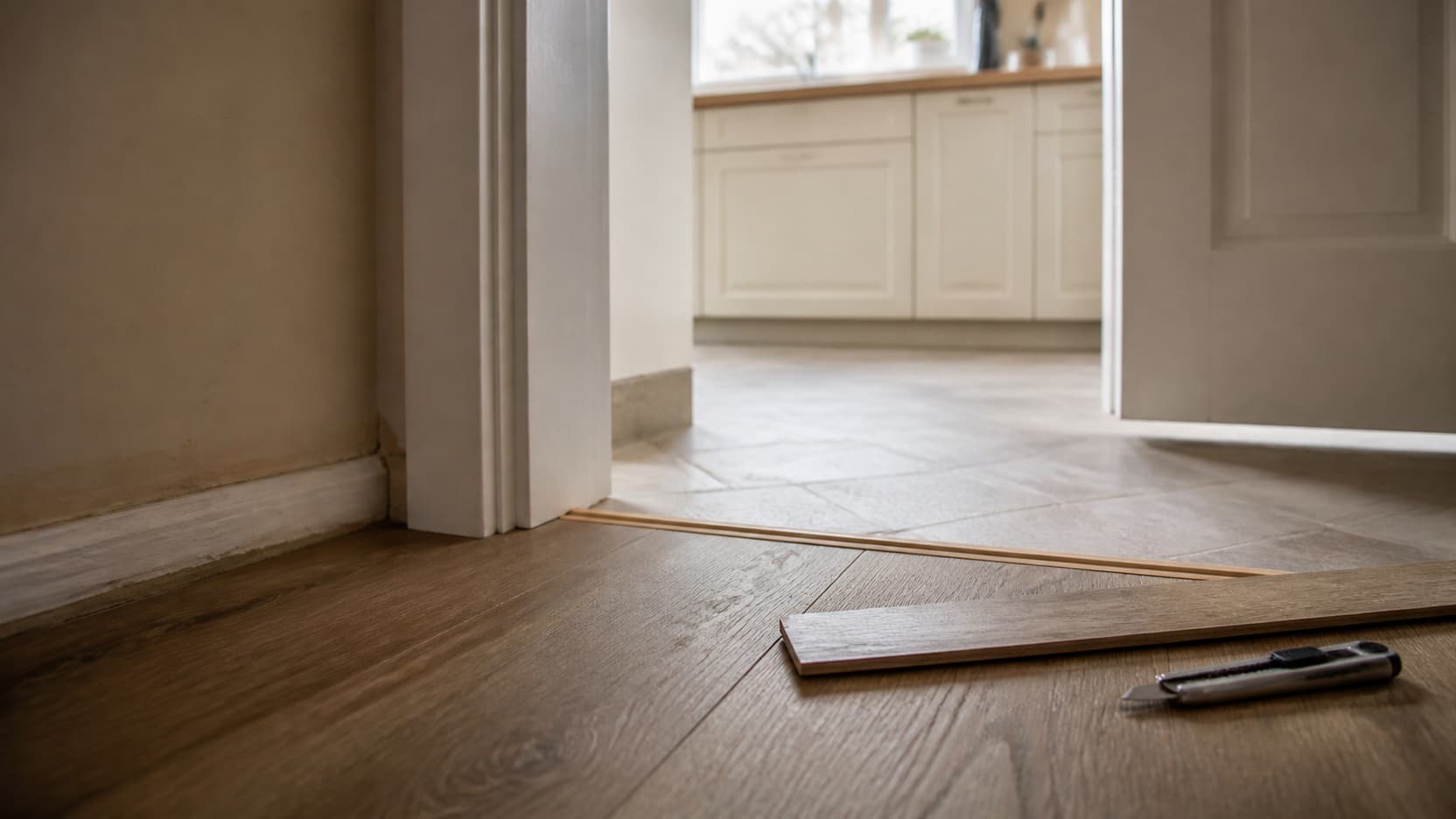 Luxury vinyl plank being fitted around a kitchen doorway threshold